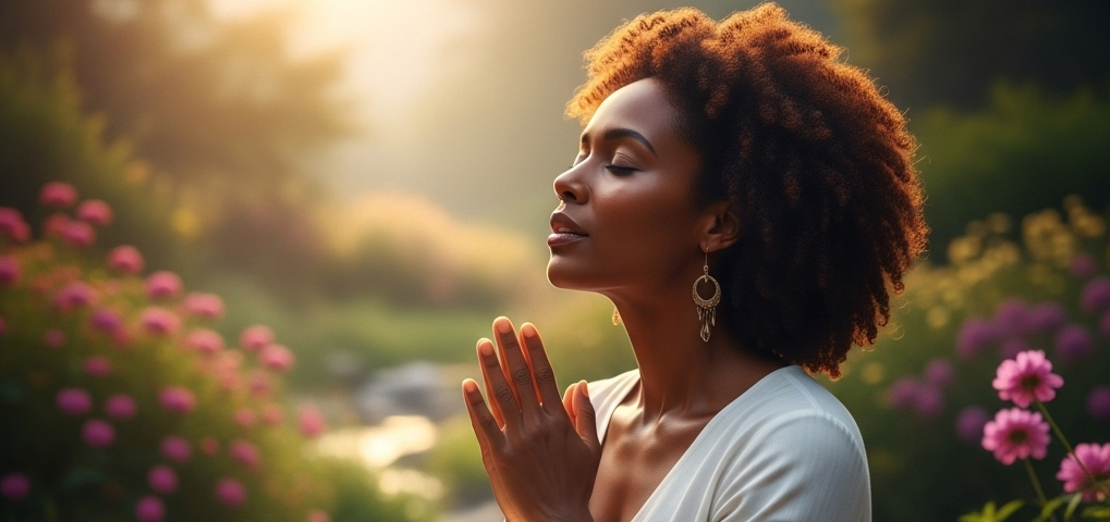 A beautiful African-American woman sits on the bank of bubbling brook praying to her Lord and Savior with a thankful heart and the sun cast a glowing light on her.
