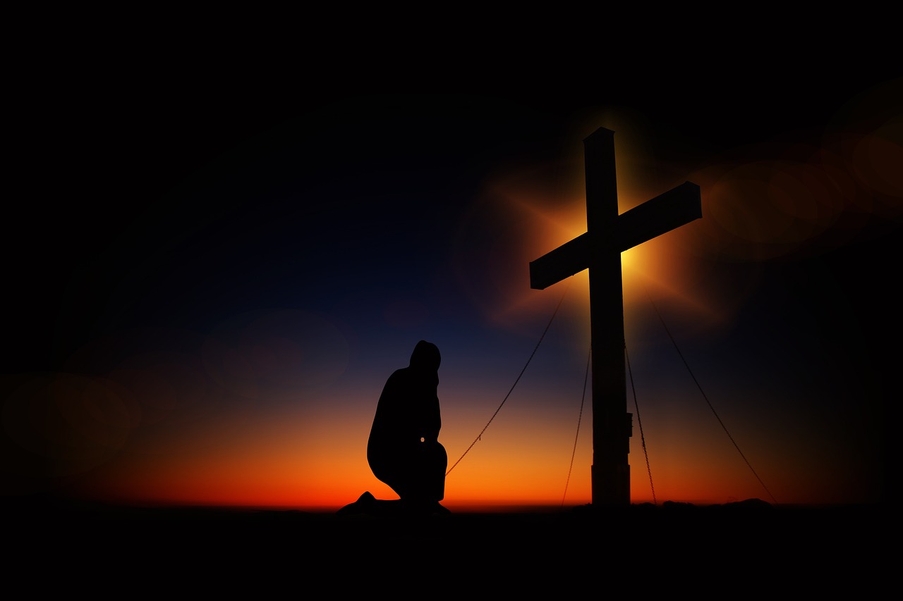 cross, sunset, humility, devotion, nature, silhouette, human, kneeling, knee, pray, worships, prayer, faith, religion, church, symbol, clouds, heaven, christian, crucifixion, quiet, immersion, jesus christ, meditation, jesus, christ, christianity, black, figure