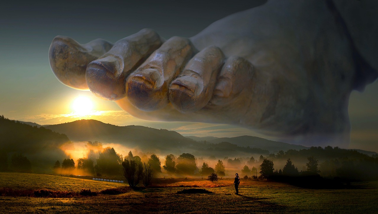 fantasy, surreal, god, foot, power, strength, superiority, deity, big, gigantic, mystical, force of nature, fairytale, composing, nature, eve, photomontage, sunset